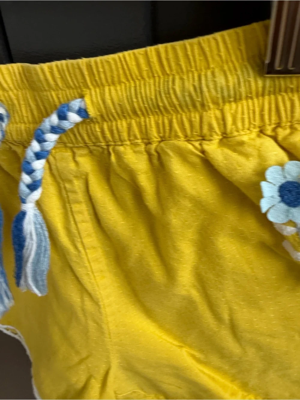 Mini Boden Yellow Cotton Shorts with Blue Floral Embroidery, Lace & appliqué 4Y